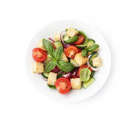 Delicious salad with croutons, vegetables and basil isolated on white, top view