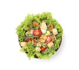 Delicious salad with croutons, chicken, egg, vegetables and arugula isolated on white, top view
