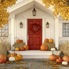 Obraz premium Autumn porch pumpkins decor bright seasonal holiday home style
