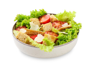 Delicious salad with croutons, chicken, tomatoes, cheese and lettuce isolated on white