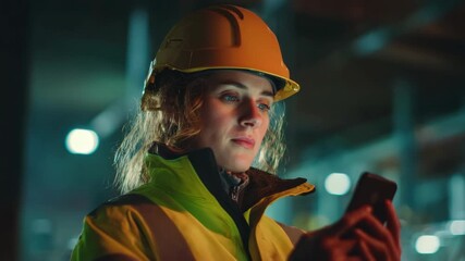 A focused female engineer in a hard hat and safety vest uses a smartphone in an industrial or construction setting - Powered by Adobe