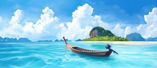 Boat in turquoise ocean water against blue sky with white clouds and tropical island, Boat in turquoise ocean water against blue sky