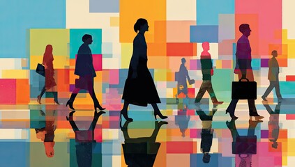 Silhouettes of people walking, reflected on a vibrant colorful geometric background