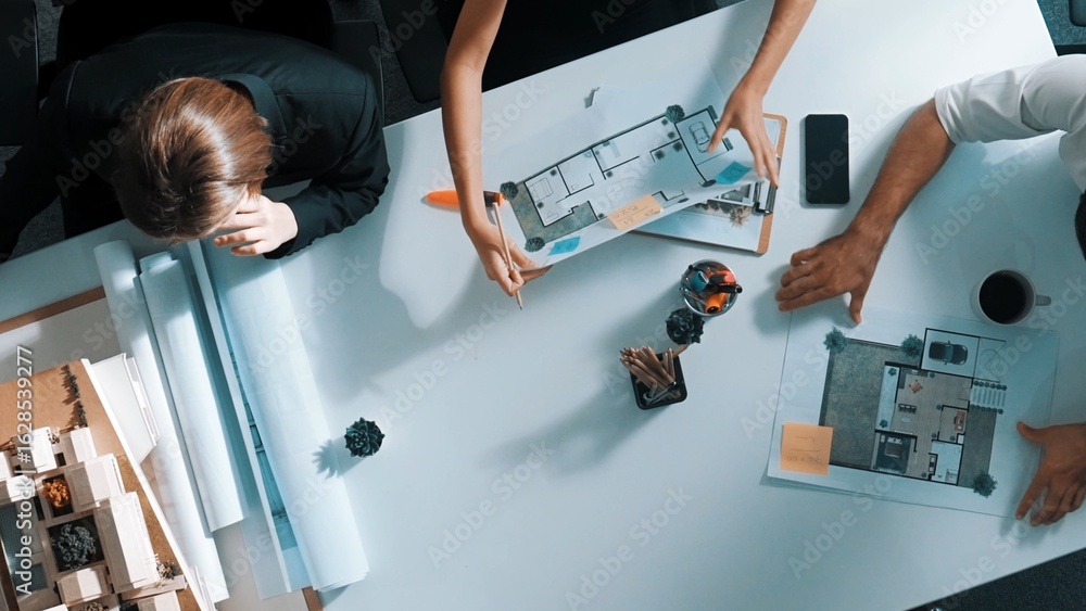 Poster top down aerial view of project manager walking at meeting table and start working. aerial view of s