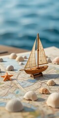 Fototapeta premium “Small Wooden Sailboat Model on Nautical Chart with Seashells and Ocean View”