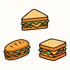Sandwich Collection, Fast Food Clipart, Submarine, Triangle, Square Sandwich, Vector Illustration