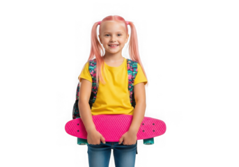 Smiling girl holding skateboard with backpack isolated on transparent background