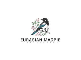 Sweet Eurasian Magpie perched on a branch with love hearts and decorative leaves, ideal for romantic nature-themed prints or branding for wildlife-related content.

