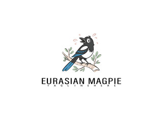 Fototapeta premium Soft cartoon illustration of a Eurasian Magpie perched on a branch with love hearts, perfect for sweet branding elements, educational posters, or romantic bird art.
