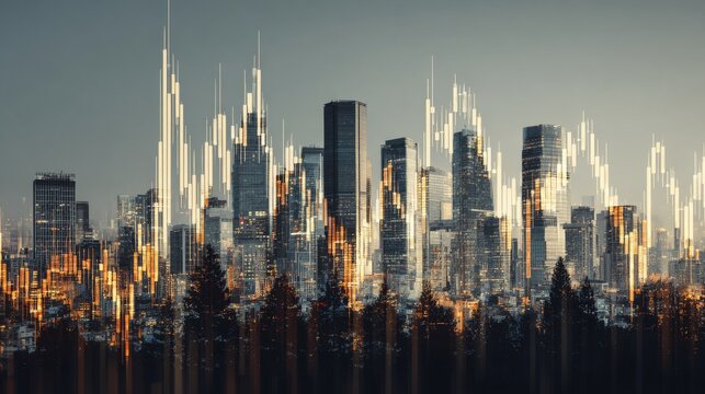 Modern city skyline with digital stock market graph overlay symbolizing financial investment and urban economy