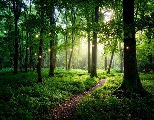 Sunlit path through a dense forest