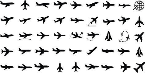 Airport and Airplane Travel Icons: A Diverse Set of Aircraft, Flight, and Aviation Symbols for Travel Agency, Logistics, and Tourism Design

.