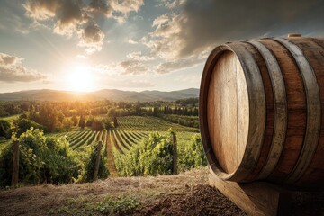 Obraz premium Scenic vineyard landscape at sunset with wooden wine barrel