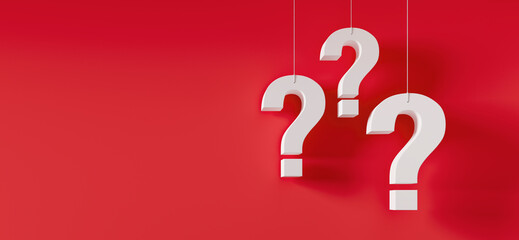 Three hanging white question marks in front of a red wall with copy space - 3D illustration