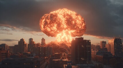 Obraz premium A colossal nuclear explosion erupts over a city skyline at dawn