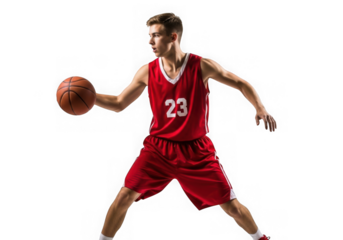 Basketball player in action dribbling ball isolated on transparent background