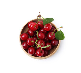 Yummy ripe red cherries in bowl isolated on white, top view