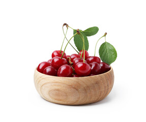 Yummy ripe red cherries in bowl isolated on white
