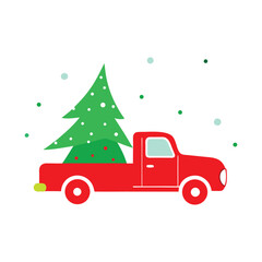 Vintage Red Truck Carrying Christmas Tree Through Snowfall Hand-Drawn Vector on White Background.
