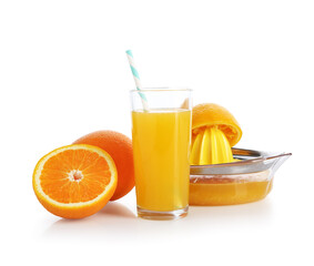 Tasty orange juice, fresh fruits and juicer isolated on white