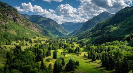 Obraz premium Lush valley nestled between high, verdant mountain ranges