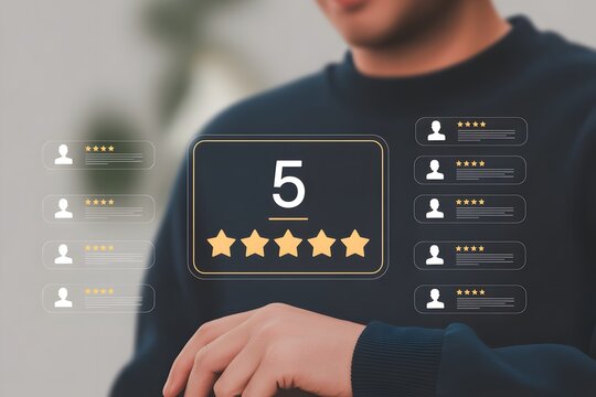 Client Satisfaction: Capturing the essence of excellence, a person examines a 5-star rating, exemplifying exceptional service and delighting customers with a perfect score.