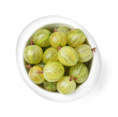 Fresh green gooseberries in bowl isolated on white, top view