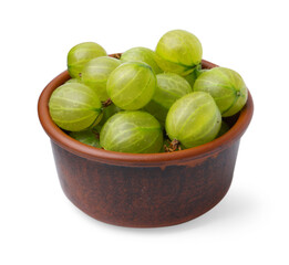 Fresh green gooseberries in bowl isolated on white