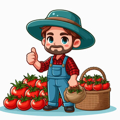 Cartoon depiction of a farmer holding a basket full of ripe tomatoes and giving a thumbs-up.