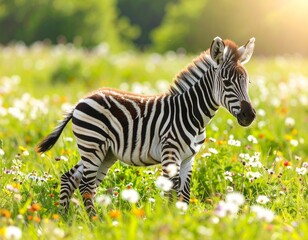 Wild striped zebra grazing on green grass in a nature park, a close-up of a black and white mammal with a unique pattern