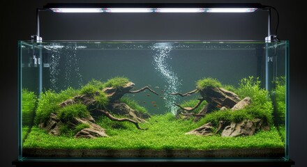 Serene Underwater Canyon Aquascape with Lush Moss, Driftwood, and Fish