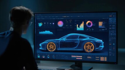 A person observes a computer screen displaying a detailed 3D wireframe model of a sports car with performance data overlays - Powered by Adobe