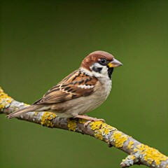 Sparrow Bird Perched on Branch with Soft Green Background