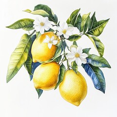 Blue lemons and white flowers on the branch, detailed botanical illustration. Yellow lemon fruits with blue leaves on a white background, watercolor painting