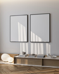 Modern Living Room Poster Frame Mockup with Natural Light and Minimalist Decoration. 3D render.