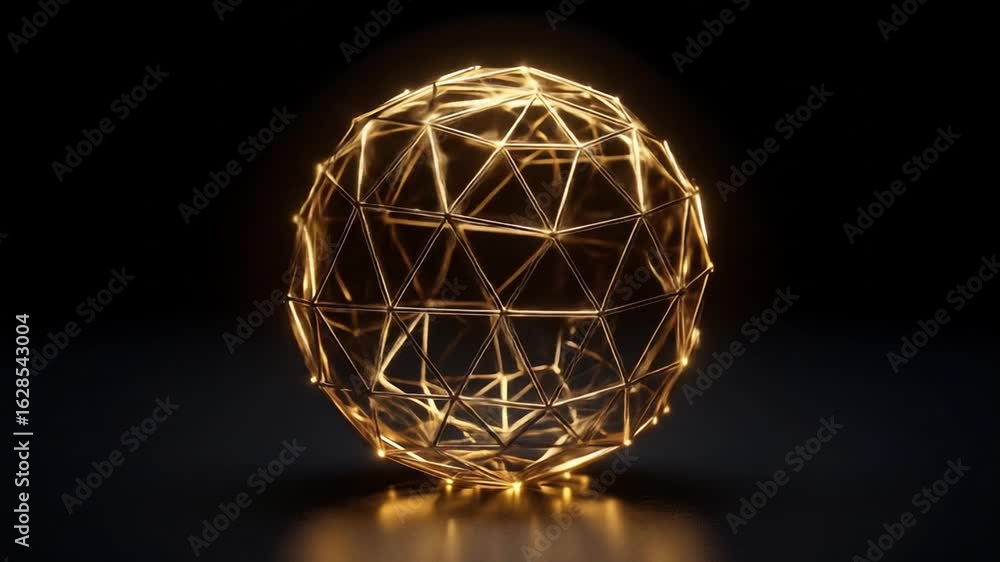 Poster gold geometric sphere wireframe structure with complex digital network connections on dark backgroun