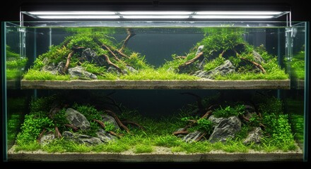 Serene Two-Tiered Aquascape: Lush Greenery, Rocks, and Tranquil Underwater World.