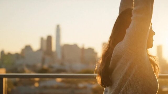 Woman enjoying sunrise on rooftop overlooking city, feeling free and happy. seamless looping time-lapse animation video background