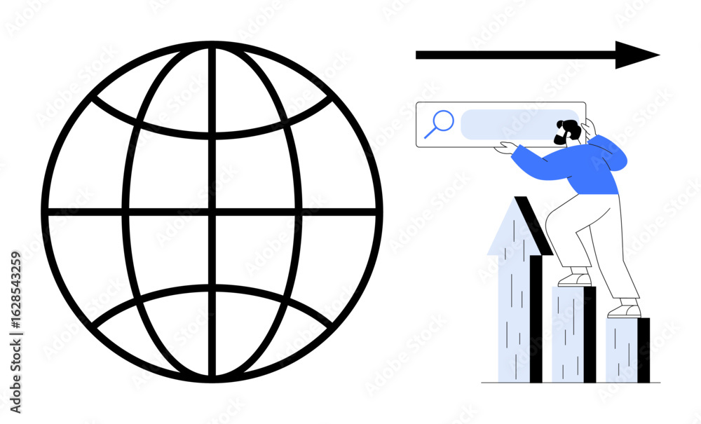 Poster giant globe representing connectivity combined with a person using a search tool while climbing bar 