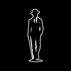 Elegant Gentleman Silhouette with Cane and Hat. Classy black and white silhouette of a gentleman in a suit, wearing a hat and holding a cane. Perfect for luxury, vintage, or fashion-themed branding 

