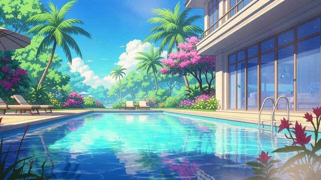 Luxury Villa with Turquoise Swimming Pool Surrounded by Tropical Palm Trees and Lush Blossoming Garden in a Bright Sky Scenery