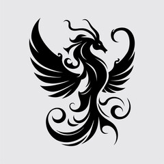 Black Tribal Dragon Phoenix Silhouette on Gray. Elegant black tribal-style dragon or phoenix with wings and flowing tail on a light gray background. Ideal for tattoos, fantasy 