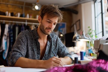 Young caucasian male fashion designer sketching in creative studio