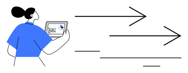 Fototapeta na wymiar Woman holding a tablet displaying charts and data, with large arrows indicating speed, growth, and direction. Ideal for analytics, strategy, progress, goals, growth business planning simple flat