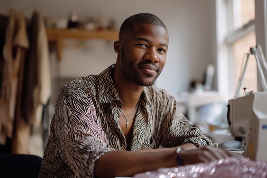 Young african adult male tailor with sewing machine in fashion studio