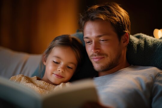 Caucasian father and daughter sharing a cozy reading moment at home