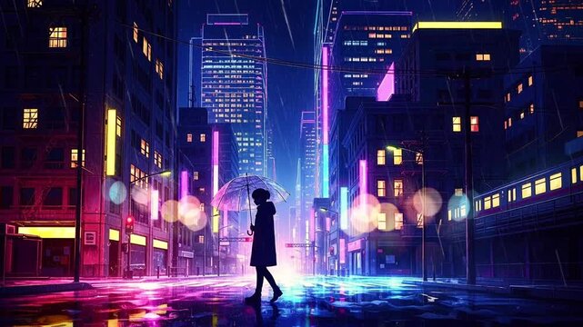 Person with Umbrella Walking on Wet City Street at Night with Neon Lights Reflecting on the Pavement in Blue and Pink Colors