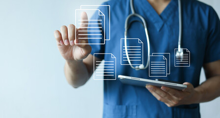 expert doctor man hand use digital tablet and touch virtual report to read about patient's record to study or diagnosis about illness or symptom and find treatment for healing for healthcare concept