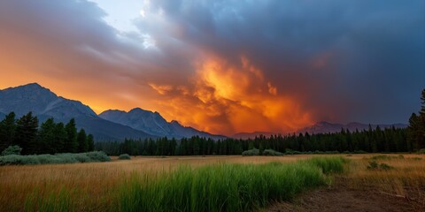 Dramatic sunset over forest and mountains with fiery sky and storm clouds