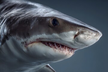 Naklejka premium Close Up of a Shark Head Showing Sharp Teeth and Dark Eye in Ocean